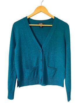 Lord & Taylor Extra Fine Merino Wool V-Neck Cardigan Teal size medium